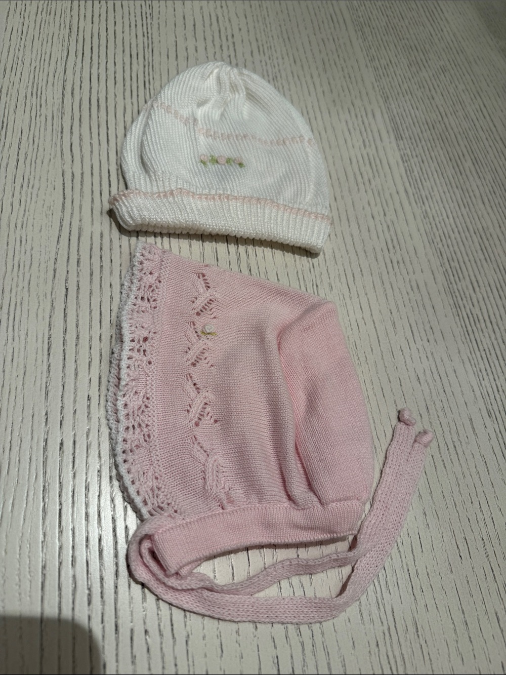 Pair of Pink and White Rose Embroidered Baby Knit Hats -  Bonnet and Stretch